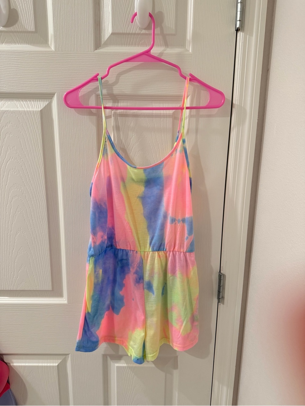 SHEIN Neon Tie-Dye Tank Romper in Pink, Blue & Yellow